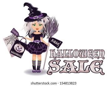 Halloween sale banner with little witch, vector illustration