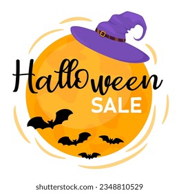 Halloween Sale banner with moon and witch hat. Design for banner, voucher, offer, coupon, holiday sale. Vector illustration