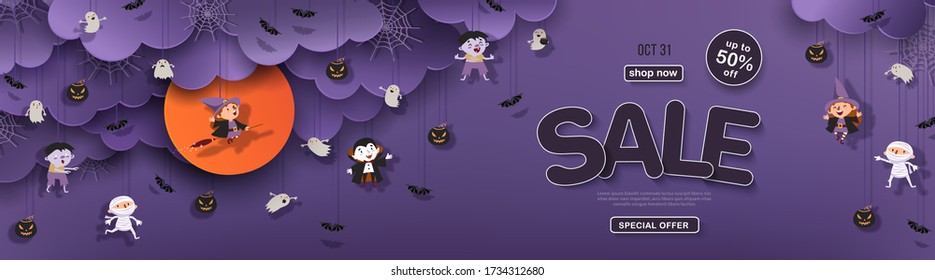 Halloween sale banner with night clouds, witch, vampire, ghost, bats, mummy, pumpkin, moon in paper cut. Purple advertising background with holiday characters and symbols. Vector