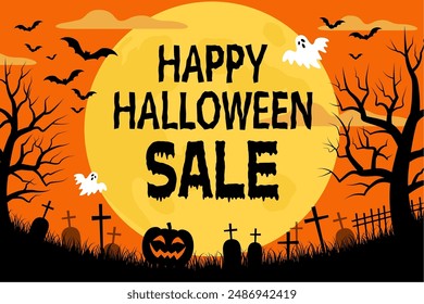 Halloween sale banner on a full moon night_vector illustration (2:3)