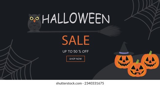 Halloween sale banner with orange pumpkins, Owl and broom. Halloween sale on dark concrete background.