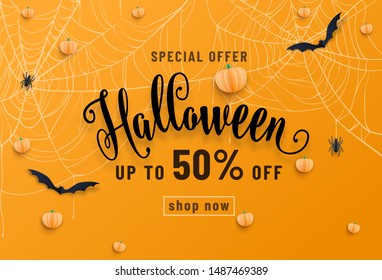 Halloween sale banner, party invitation concept background. Holiday design with bats, spider, cobweb, pumpkin, lettering font text. Paper cut style. Vector illustration.