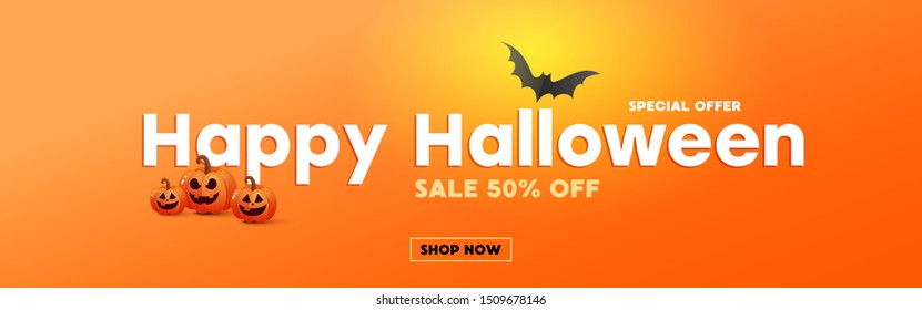 Halloween sale banner, party invitation concept background. with scary pumpkins, bats and star decor on an orange gradient background.