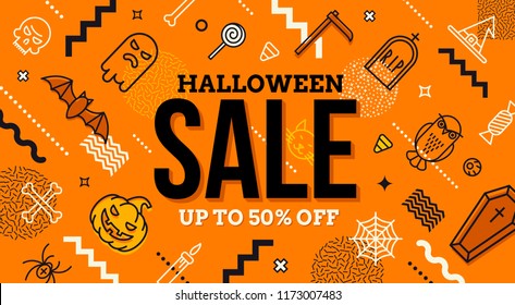 Halloween sale banner. Pattern with Halloween linear signs, symbols  and abstract different shape. Promotion template design.