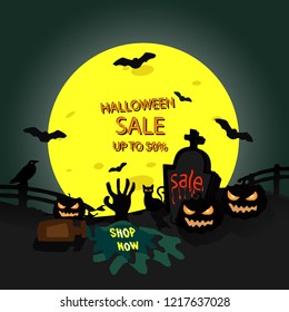 Halloween sale banner or poster. up to 50% discount price advertisement, special offer. Can be used in retail store on Halloween day, October 31. Vector EPS10