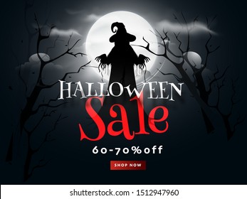 Halloween Sale banner or poster design with 60-70% discount offer and silhouette witch on full moon night forest background.