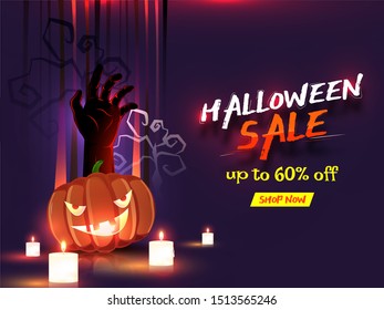 Halloween Sale banner or poster design with 60% discount offer, jack-o-lantern and zombie hand on purple background.