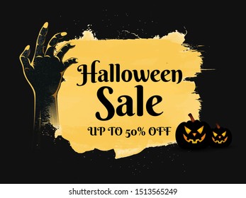 Halloween Sale banner or poster design with 50% discount offer, scary pumpkin and zombie hand on brush stroke effect background.