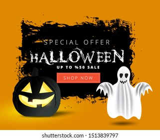 Halloween Sale banner or poster design with 50% discount offer, ghost, scary pumpkin on yellow and black background.