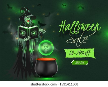 Halloween Sale banner or poster design with 60-70% discount offer and witch reading a magic potion book with cauldron on green lighting effect background.