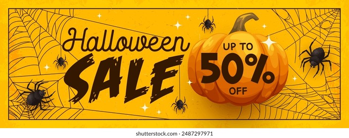 Anuncio de venta de Halloween con calabaza, telaraña y arañas. Fondo de promoción de Vector o Cupón para la oferta de descuento de vacaciones de otoño. Tarjeta publicitaria con espeluznantes y espeluznantes arácnidos gateando en telarañas