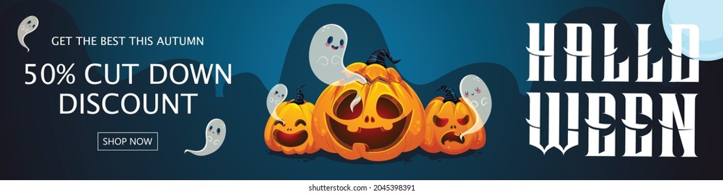 Halloween sale banner with pumpkin, ghost background