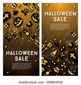 Halloween sale banner with pumpkin, leaves and other traditional Elements of Holiday. Vector illustration.