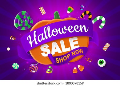 Halloween Sale Banner with pumpkin and sweets for your web site.  Vector.