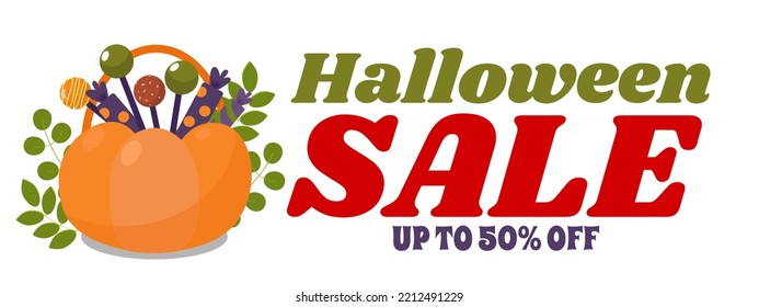 Halloween sale banner. Pumpkin with sweets on a white background in a cartoon style.