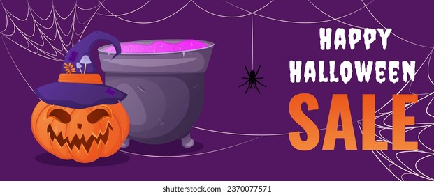 Halloween sale banner with pumpkin and witch pot