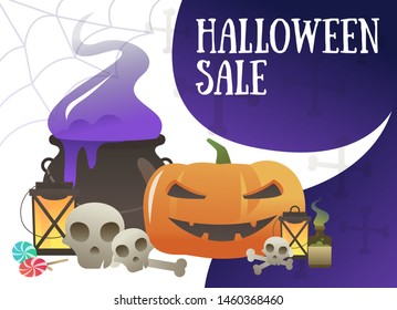 Halloween sale banner with pumpkin. Witchs cauldron, lantern, skulls, bones, candy. Vector illustration for leaflet, poster, banner
