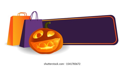 Halloween Sale banner with realistic jack o’lantern and shop bags. Vector template for Halloween discount, web banner, flyer, cards and poster design.