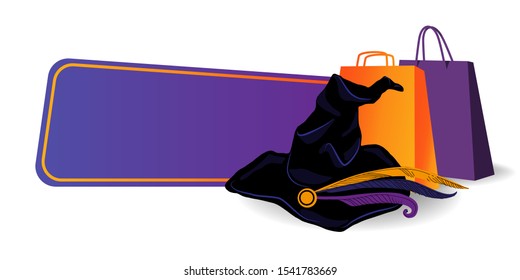Halloween Sale banner with realistic witch hat and shop bags. Vector template for Halloween discount, web banner, flyer, cards and poster design.