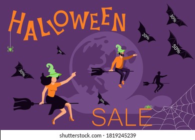 Halloween sale banner. Saleswoman witch flying on a broom and letting go of bats with discounts. Flat Art Vector Illustration