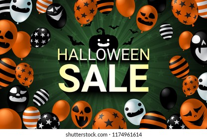 Halloween Sale banner with scary balloon on dark background design. Halloween celebration concept advertising vector illustration.