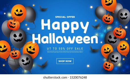 Halloween Sale banner with scary face air balloons, stars and black bats on blue background.