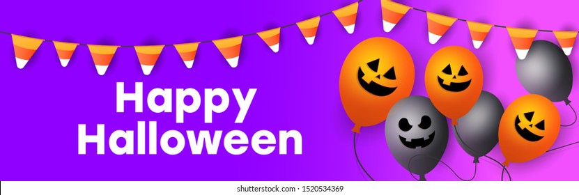 Halloween sale banner with scary faces of pumpkins, bats and a ghostly balloon on purple background. Special seasonal offer.