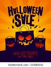 Halloween Sale Banner With Scary Shopping Bags.