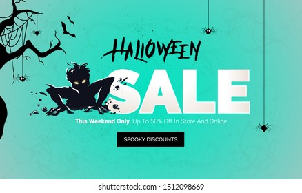 Halloween sale banner. Scary zombie getting out from ground. Mobile website social media banner, poster, email and newsletter design, ad, promotional material. Vector illustrations