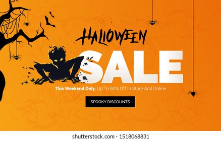 Halloween sale banner. Scary zombie getting out from the ground. Mobile website social media banner, poster, email and newsletter design, ad, promotional material. Vector illustrations