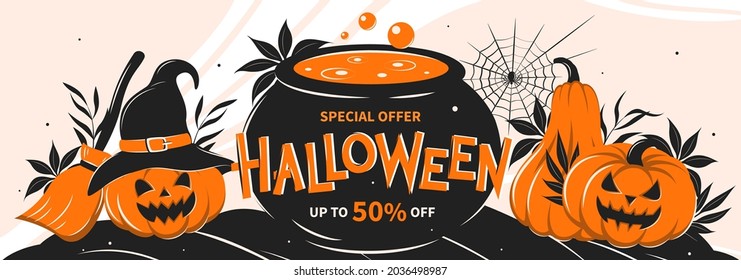 Halloween sale banner, seasonal promo offer discount poster for autumnal shopping. Pumpkins, cobwebs, spider and a bat. Vector illustration