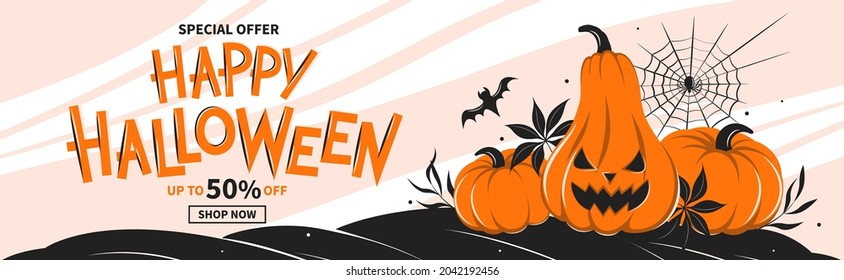 Halloween sale banner, seasonal promo offer discount poster for autumnal shopping. Pumpkins, cobwebs, spider and a bat. Vector illustration