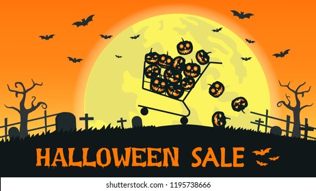 Halloween sale banner with shopping cart carry smile pumpkin on the full moon background - Vector illustration

