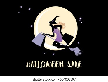 Halloween sale banner with shopping girl as a witch on the broom and holding shopping bags. Vector illustration