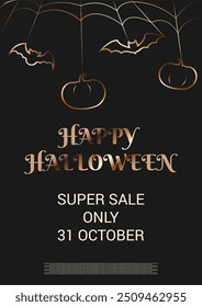 Banner de venda de Halloween. Banner para redes sociais, impressão, capas, etc. Venda de férias. Promoção limitada. Promoção, publicidade, descontos, promoção, compras. Samhain. Véspera de Todos os Santos. Preto 