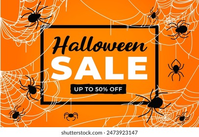 Halloween sale banner, spiders and cobweb holiday decorations. Vector promo background or coupon for autumn discount offer. Advertisement card with scratchy strokes and eerie arachnids on spiderwebs