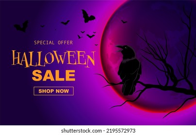 Halloween sale banner spooky cartoon background, full moon and crow on the tree branch, flying bats
