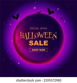 Halloween sale banner spooky cartoon background template, full moon with flying bats