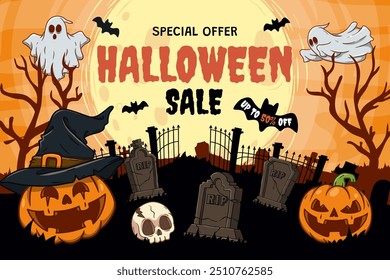 Halloween Sale banner with Spooky Halloween Elements. Vector illustration
