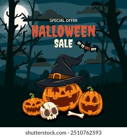Halloween Sale banner with Spooky Halloween Elements. Vector illustration
