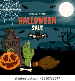 Halloween Sale banner with Spooky Halloween Elements. Vector illustration