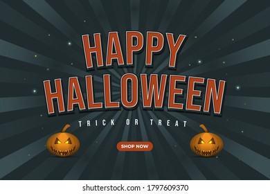Halloween sale banner with sunburst background and smiling pumpkins in vintage style