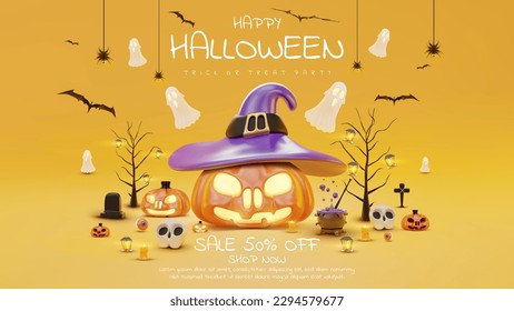 Halloween sale banner template background and realistic 3D Halloween ornament, pumpkin, ghost, bat,spider. Vector illustration.
