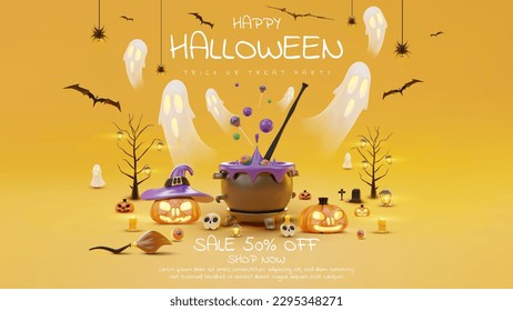 Fondo de plantilla de banner de venta de Halloween y ornamento realista de Halloween 3D, calabaza, fantasma, murciélago, araña, escoba. Ilustración vectorial.