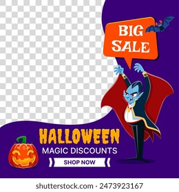 Halloween sale banner template with count Dracula vampire and Jack lantern pumpkin. Vector background for promo and social media. Sink your teeth into savings, unearth spooktacular deals and discounts