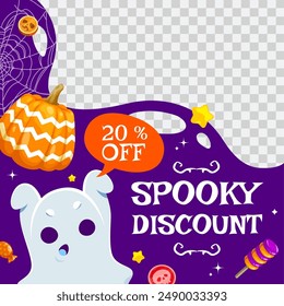 Halloween sale banner template with cute kawaii ghost, colorful pumpkin holiday sweets and cobweb. Vector background featuring spook, bewitching, spooky discount offer, text screams savings and fun