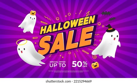 Diseño de plantillas de banner de venta de Halloween. Evento de venta de Halloween con adorables fantasmas sobre fondo morado. Medios sociales, compras en línea. vector