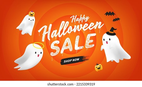 Halloween sale banner template design. Halloween sale event with cute ghosts on orange background. Social media, shopping online. vector