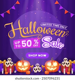 A Halloween sale banner template featuring pumpkins, candles, lanterns, and bats. Ideal for websites or banners, incorporating a variety of Halloween-themed designs.