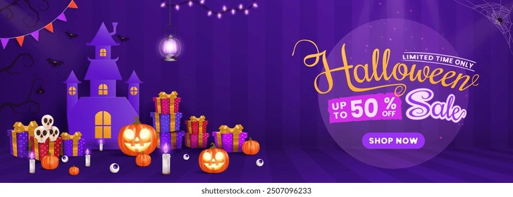 A Halloween sale banner template featuring pumpkins, candles, lanterns, and bats. Ideal for websites or banners, incorporating a variety of Halloween-themed designs.